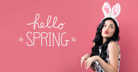 Hello spring message with woman with Easter theme