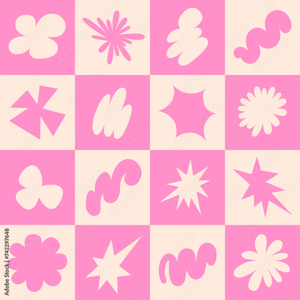 Poster Abstract seamless pattern with simple funky groovy shapes. Brutal background in style y2k, 00s. Pink and beige colors. Modern collage vector illustration