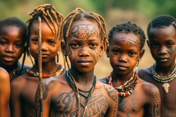 Children from a african tribe half naked with cultural tattoos make-up, cosmetics and wooden stone spear weapon. Ethnic groups of africa - obrazy, fototapety, plakaty