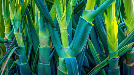 A bunch of bright green leeks stand tall intertwined in a colorful display. Their long slender stems reach towards the sky while their dark green leaves fan out in all directions.