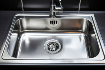 Close up stainless steel shiny perfectly clean kitchen sink with a tap