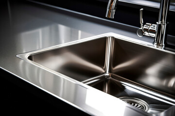 Close up stainless steel shiny perfectly clean kitchen sink with a tap