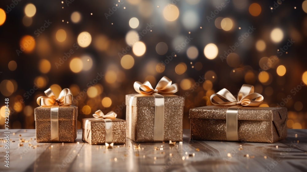 Aufkleber Generative AI Hyper-realistic visualization featuring beautifully wrapped white and gold Christmas gifts neatly placed on an empty table, enveloped by enchanting blurred bokeh lights. Elegant and fest