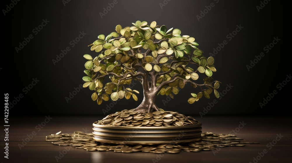Poster Generative AI Hyper-realistic scene presenting a tree on a white background symbolizing the potency of capital growth positioned next to a coin. Lifelike and detailed representation illustrating the i