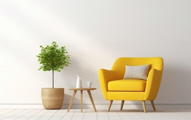 Scandinavian indoor design. Warm toned living room interior wall mockup with a yellow armchair and a background of a white wall, green plants. AI Generative.