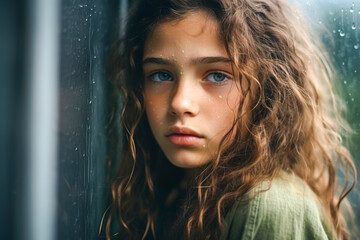 Young girl, with sad and depressed face, looking out of the window with raindrops on the glass window on a rainy day