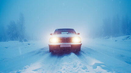 car with bright headlights piercing through heavy snowfall - obrazy, fototapety, plakaty