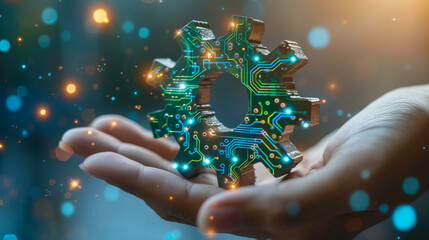 Human hand holding a metallic gear with integrated circuits, symbolizing AI, gear detailed with blue and green circuits and microchips, modern and smooth design, technological color scheme with metall