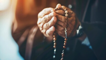 Closeup of monk's hands holding a rosary