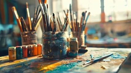 Old used drawing tools on a wooden table in an artist studio - Powered by Adobe