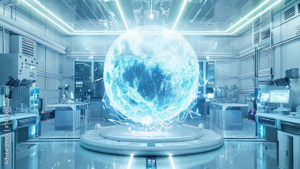 Poster data and energy glowing globe inside a white futuristic high tech laboratory. artificial intelligenc