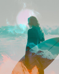 Teen Surfer in Decopunk Style: Blonde with Board on Beach
