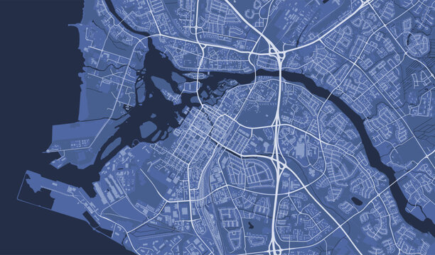Blue Oulu map, city in Finland. Streetmap municipal area.
