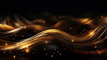 Dark abstract background with golden waves and particles