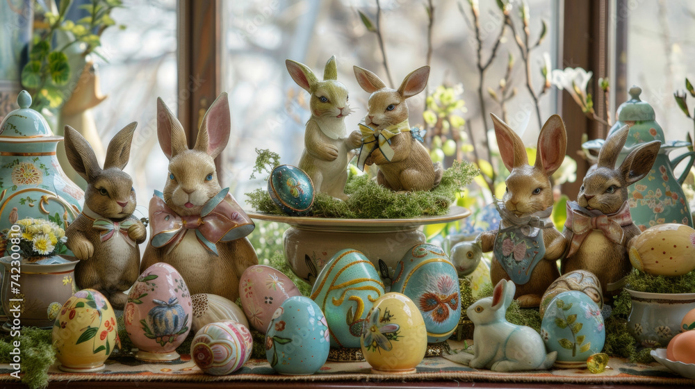 Poster an array of traditional easter decorations such as ceramic bunnies and painted eggs adding a touch o
