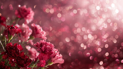 Pink carnation flowers with glitter bokeh background. Mother's Day concept. The official national flower of Spain. The official state flower of Ohio.