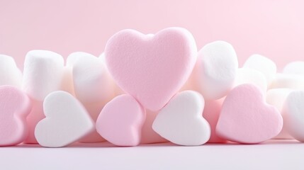 Fototapeta premium Marshmallows in pastel pink, heart-shaped, arranged on a white background, soft lighting, sweet and romantic ambiance Generative AI