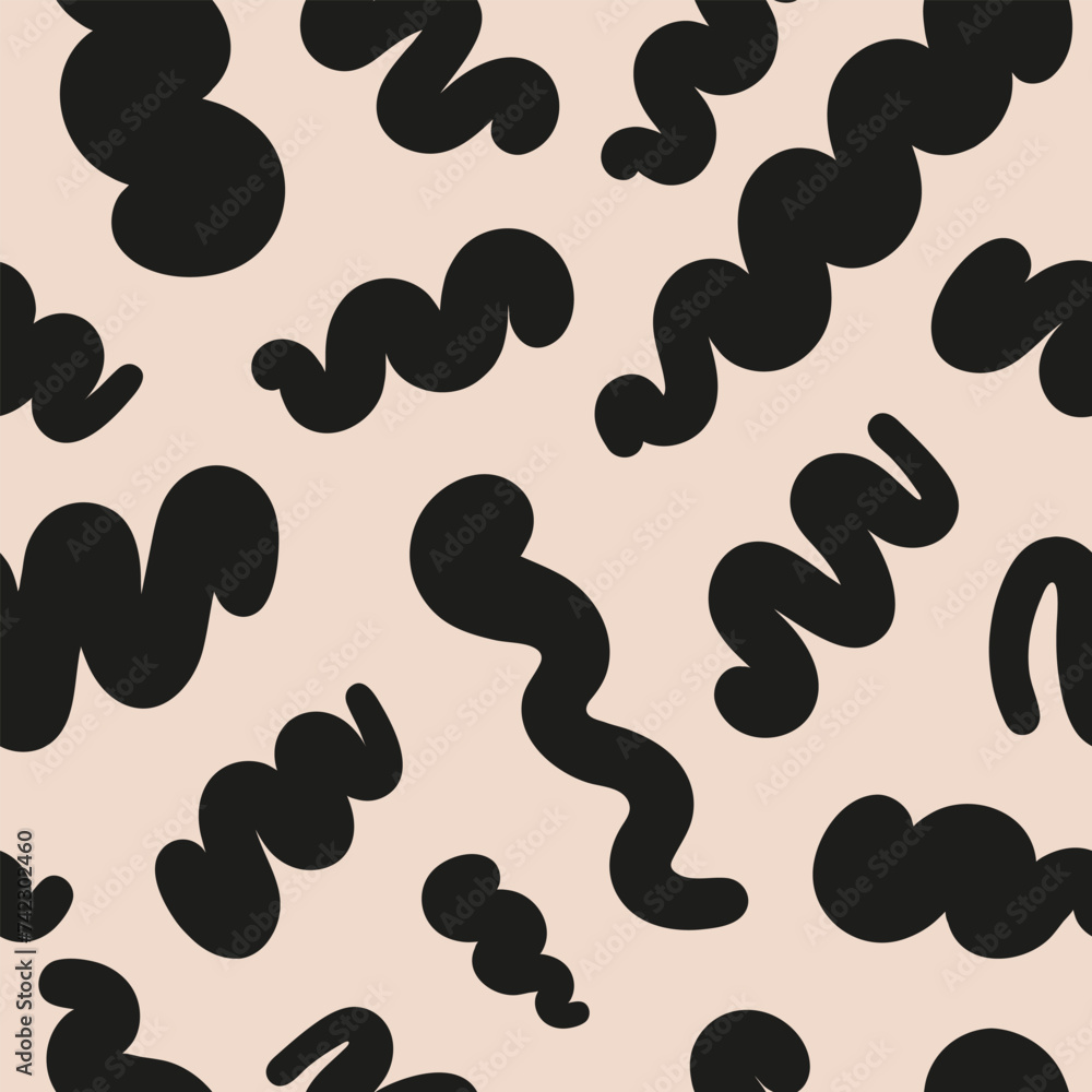 Poster abstract seamless pattern with black wavy retro groovy shapes on a beige background. vector illustra