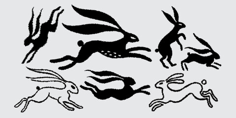 rabbit vector with roughen edge in various pose  illustration set