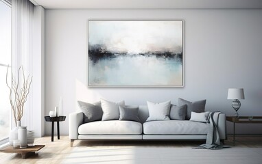 Living room interior design. Minimalistic style art studio space mockup. Huge white framed blank...