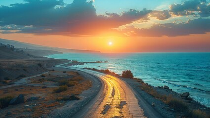 View of the seaside road at sunset with mountain in the background - obrazy, fototapety, plakaty