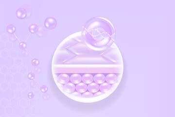 Hyaluronic acid and Niacinamide hair and skin solutions ad, purple collagen serum drops into skin cell with cosmetic advertising background ready to use, illustration vector.	