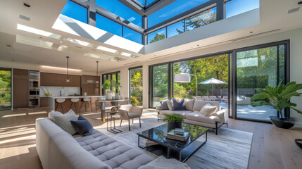 Step into this contemporary home and be greeted by a vast open concept living space illuminated by an artfully crafted skylight. As the sun moves throughout the day the changing