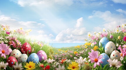 The Easter eggs form a wonderful decor. Spectacularly adorned for springtime. - obrazy, fototapety, plakaty
