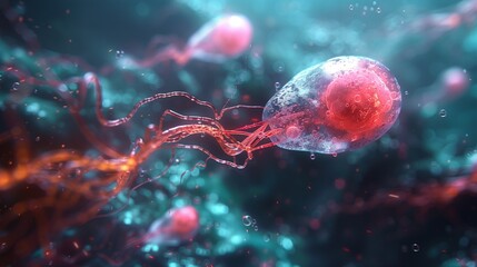 Sperm simulation Microscopic concept of artificial insemination or in vitro fertilization. 3D illustration. - obrazy, fototapety, plakaty