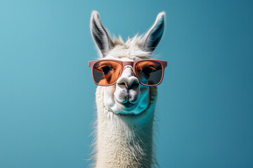 Fototapeta premium A cute llama wearing sunglasses in front of a blue background