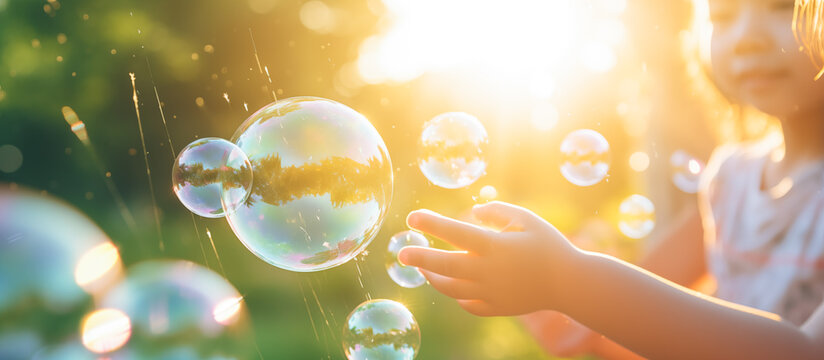 kids playing soap bubbles. summer vacation concept background