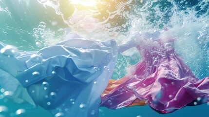 Clothes washing with floating shirt underwater and bubbles and wet splashes - obrazy, fototapety, plakaty