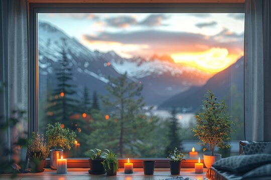 Window With Lit Candles in Front of Mountain View