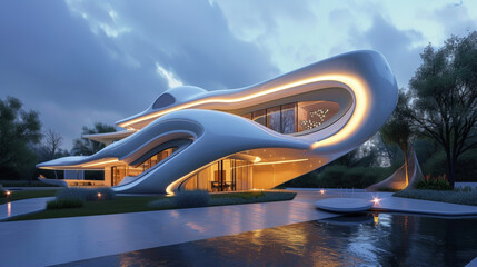 Obraz premium Showcasing a fusion of art and technology this futuristic house features innovative materials and stateoftheart lighting.