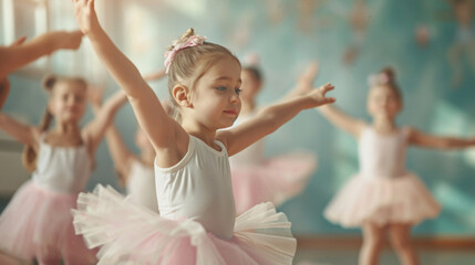 Group of young ballerinas in dance studio