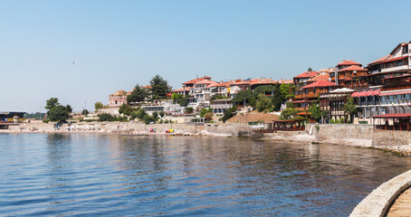 Fototapeta na wymiar Nessebar old town beach, Bulgaria, Back sea coastal landscape