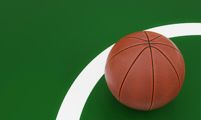 Basketball ball placed on the green playing field. Team sports equipment. 3D rendering