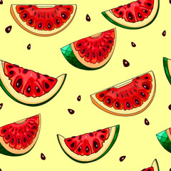 Colorful fruit pattern with fresh slices of watermelon. View from above. Summer concept. For print. blank for designers