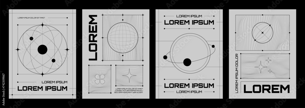 Poster poster in trendy y2k style with simple abstract grid shapes and patterns with black line on grey bac
