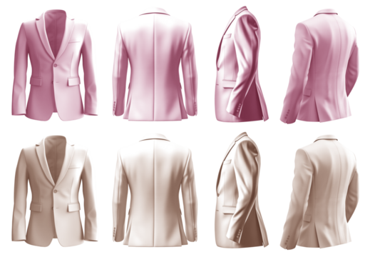 2 Set of pastel light pink beige, front back side view, business collar suit blazer jacket coat on transparent background cutout, PNG file. Mockup template for artwork graphic design