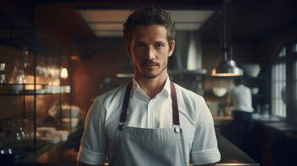 Fototapeta premium Generative AI Portrait of a male chef in a restaurant kitchen, wearing an apron, overseeing kitchen operations, professional setting