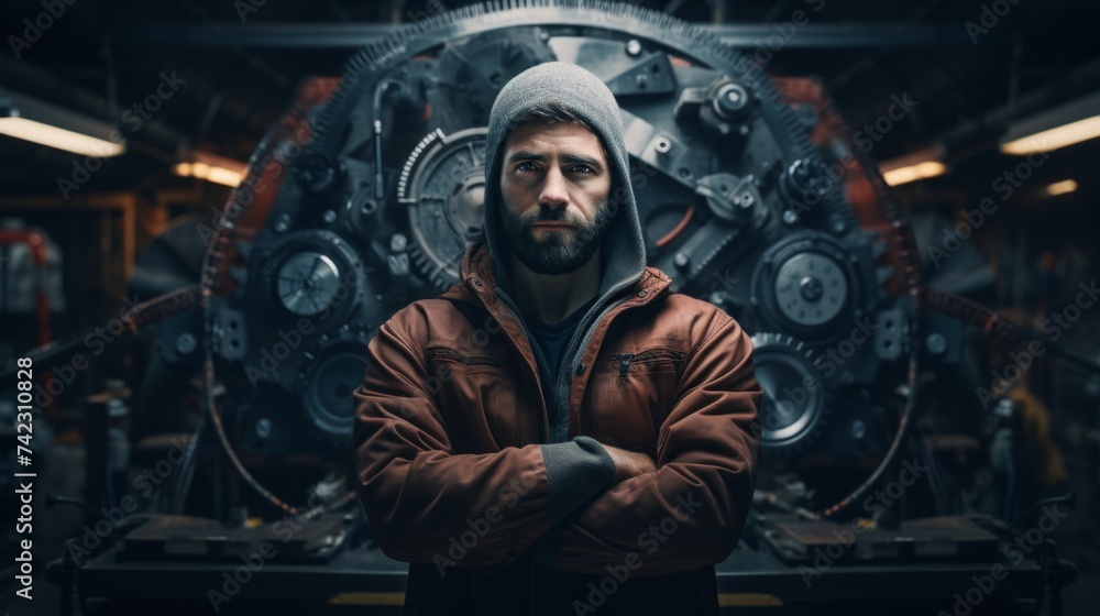 Poster Generative AI Portrait of an auto mechanic holding a timing belt, explaining maintenance, expertise demonstrated in a workshop