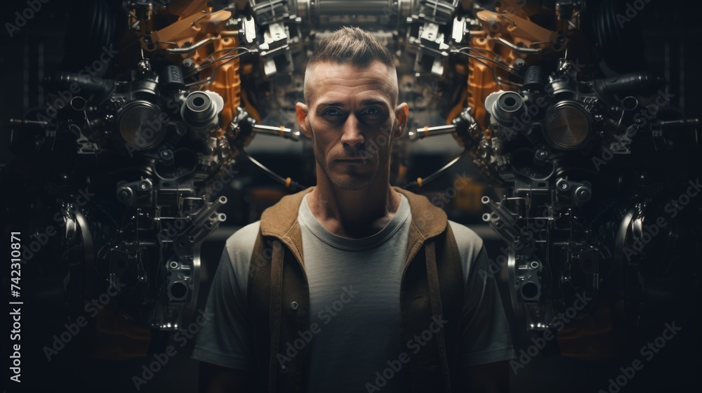 Poster Generative AI Portrait of an auto mechanic with engine parts, conducting diagnostics, showcasing technical skills in a garage setting