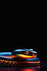 Fototapeta premium side contour view of snake made from glowing colorful neon light over black background, 2025 Chinese horoscope concept, Banner, copy space