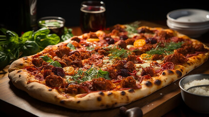 Closeup top view food photograph of delicious classic Italian/ Sicilian pizza with vegetables around 