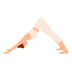 Yoga a young fair-skinned girl woman performs physical exercises does yoga asana dog face down or Adho Mukha Shvanasana