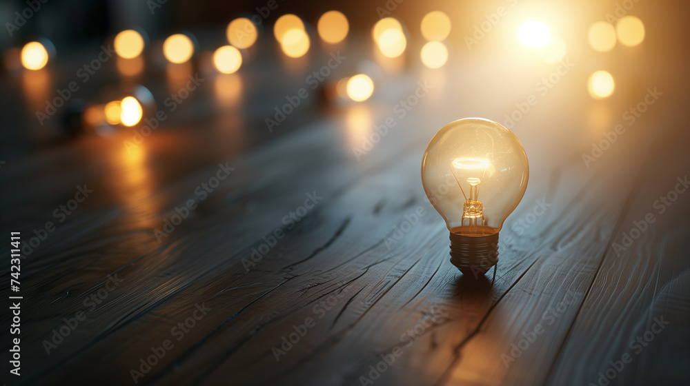 Poster conceptual representation of innovation and creativity with a glowing lightbulb.