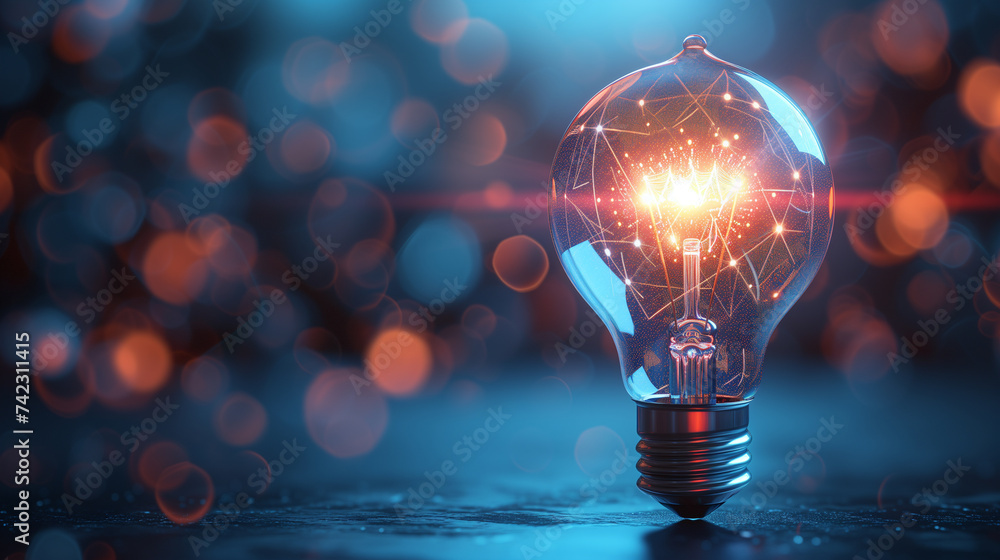 Poster conceptual representation of innovation and creativity with a glowing lightbulb.