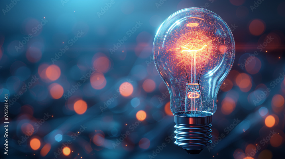 Poster conceptual representation of innovation and creativity with a glowing lightbulb.