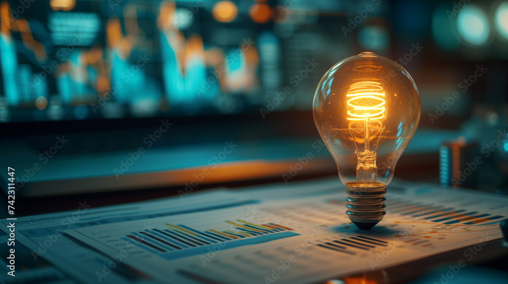 Poster conceptual representation of innovation and creativity with a glowing lightbulb.